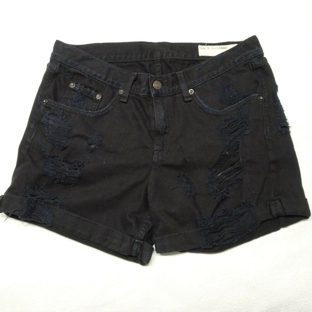 Rag & Bone Size 27 Black Rebel Boyfriend Distressed Destructed Cuff Shorts